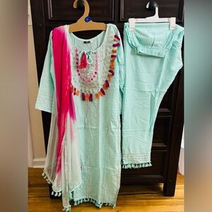India Boutique Mint Green Kurta Set with Pink Dupatta